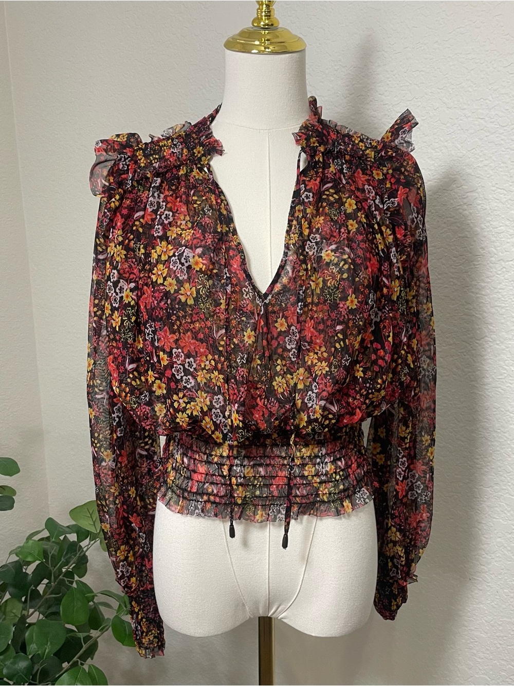 Free People Twyla Sheer Floral Mesh Smocked Blouse Ruffle Shoulder Size L